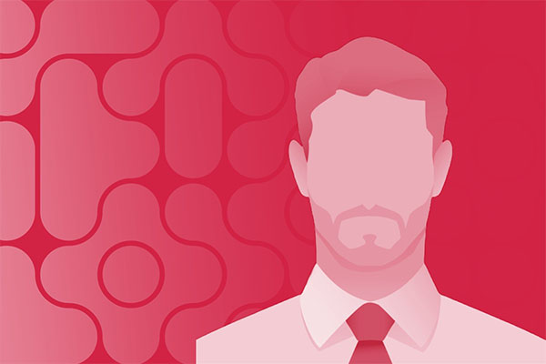 Illustration of a male avatar in a suit and tie against an abstract red background