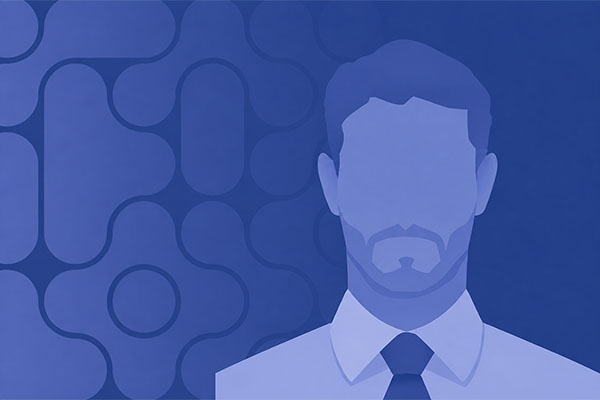 Illustration of a male avatar in a suit and tie against an abstract blue background